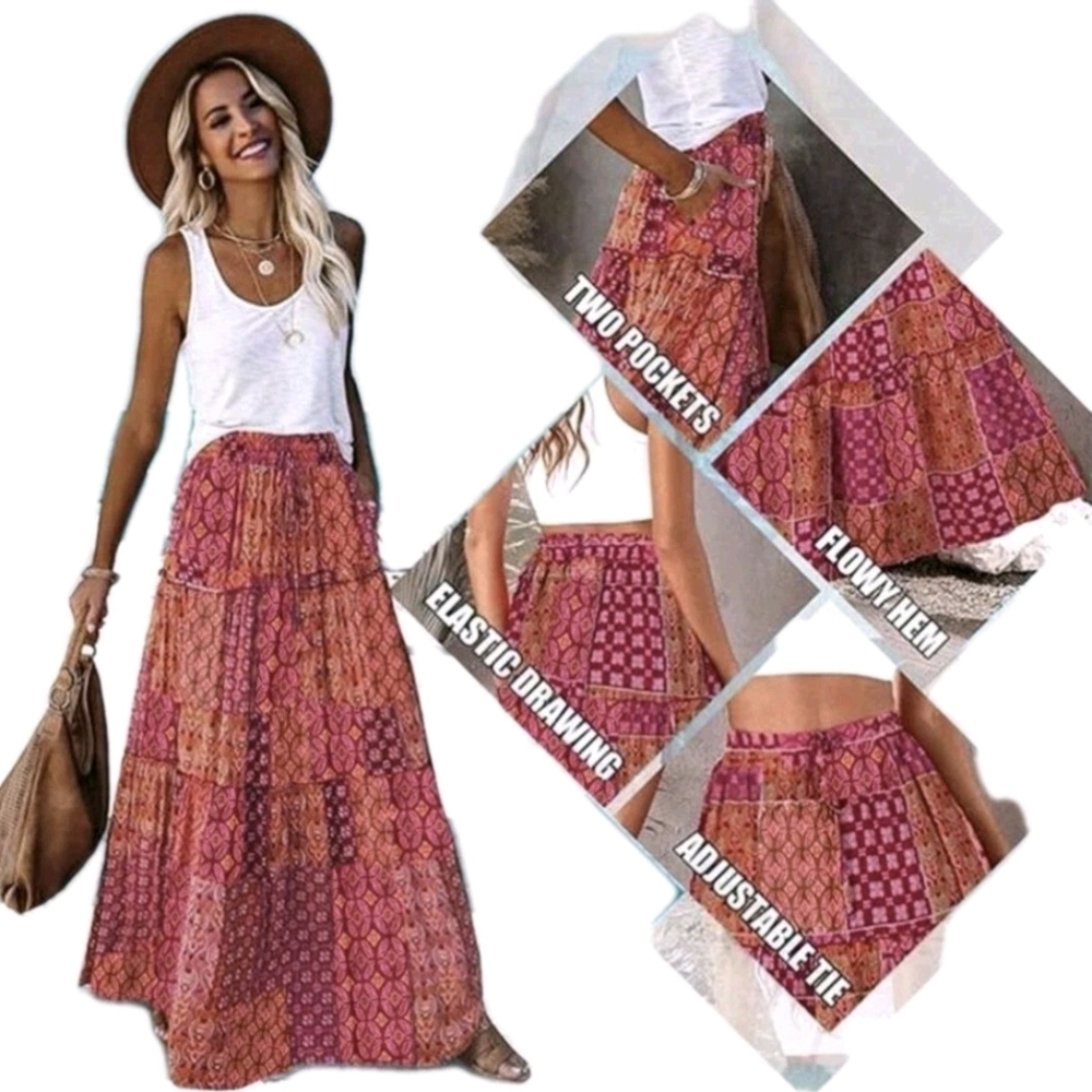 Bohemian Maxi Skirt Long Stretch M L XL Plus Boho Style Casual to Elegant Skirts - Picture 7 of 11